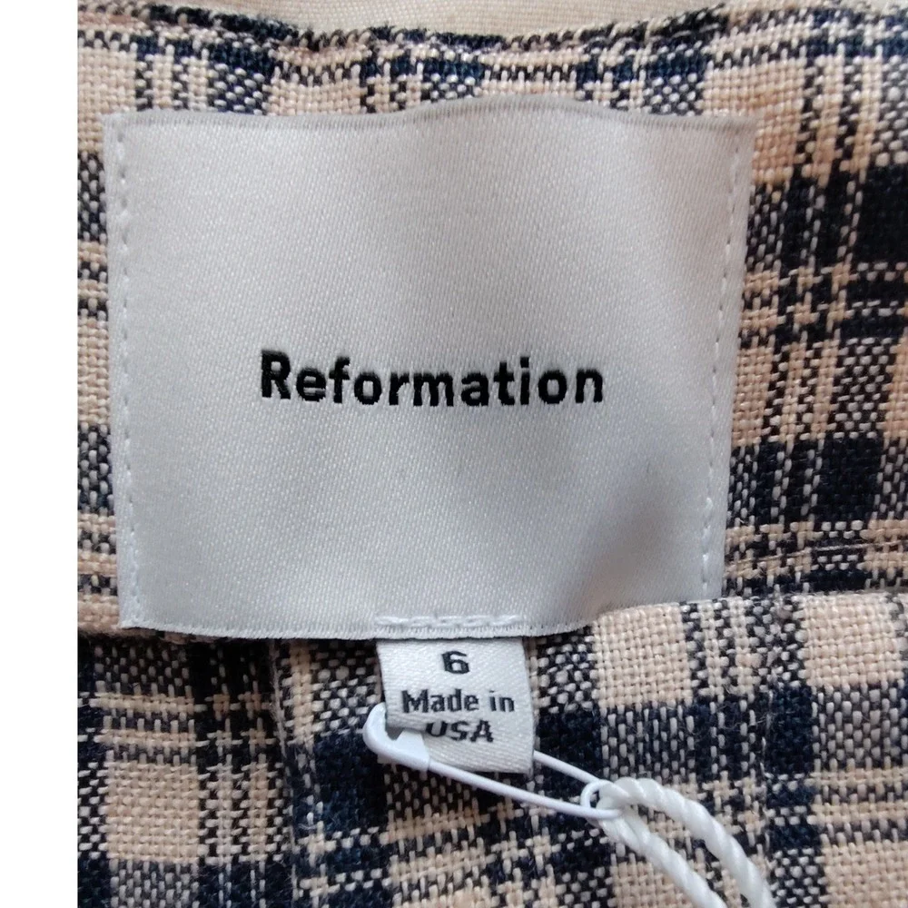 Reformation Vida Linen Low Rise Pant Beacon Check Plaid Navy Cream 6 NEW
